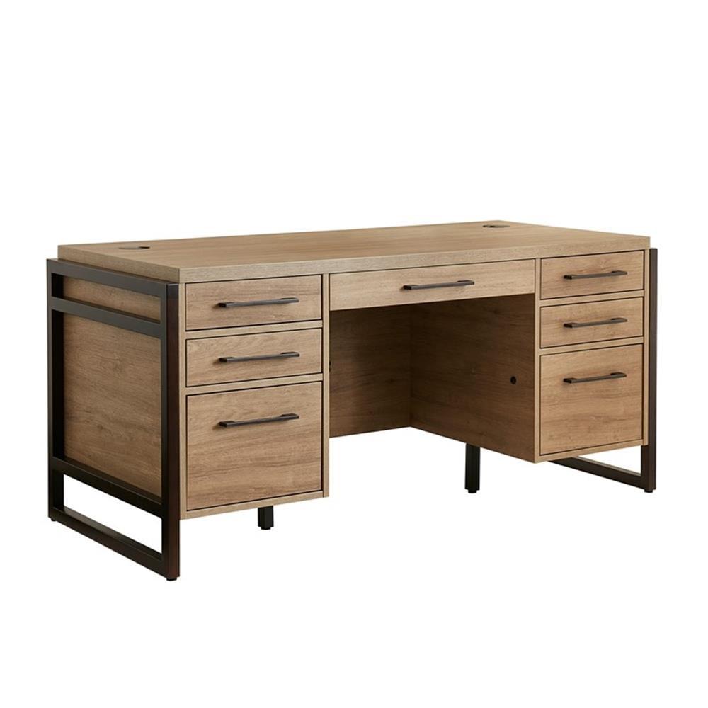 Mason Light Brown Wood Executive Desk with Hutch and Filing Cabinet