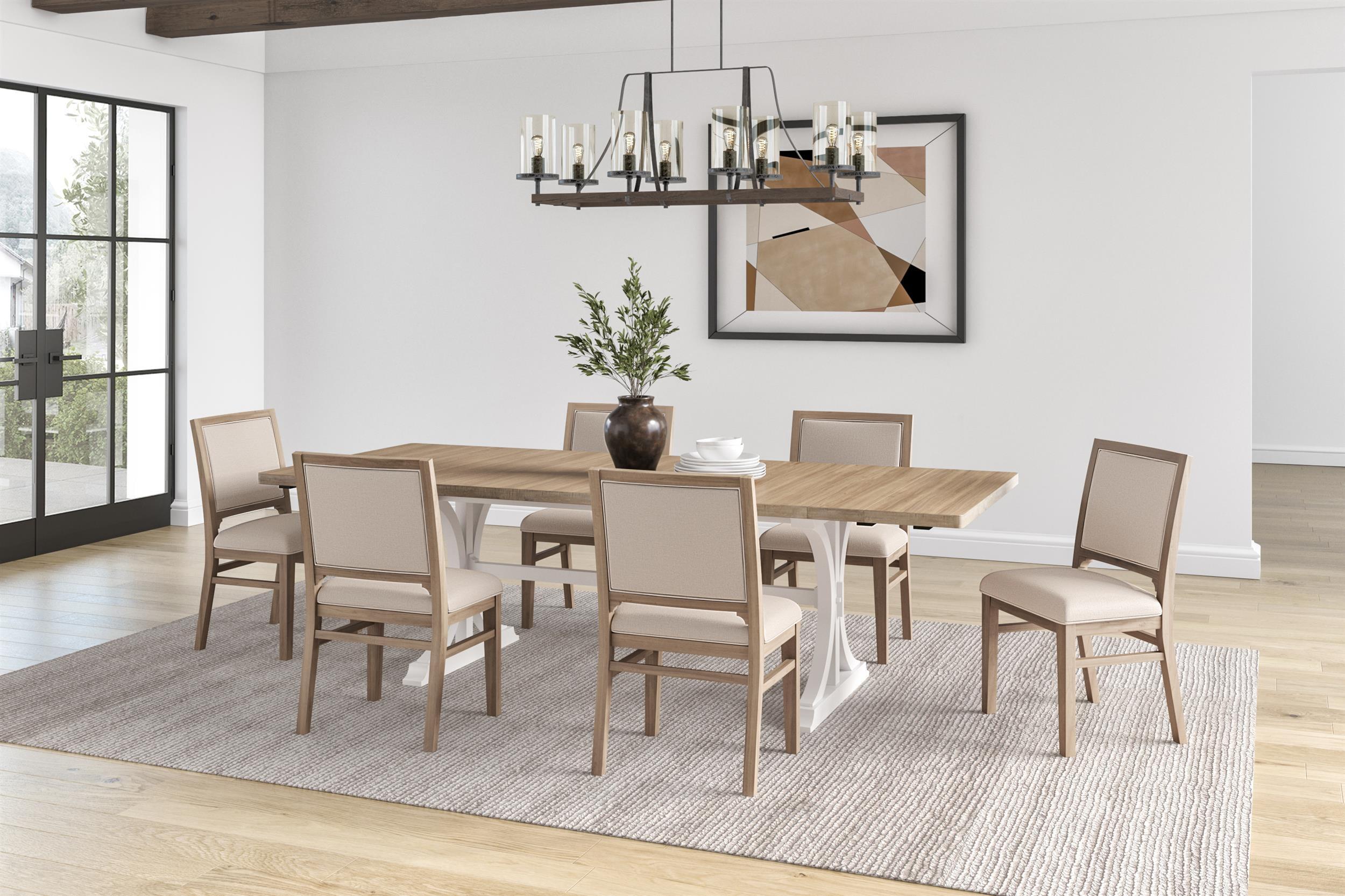 Modern Pine Wood Rectangular Trestle Dining Table with Six Chairs