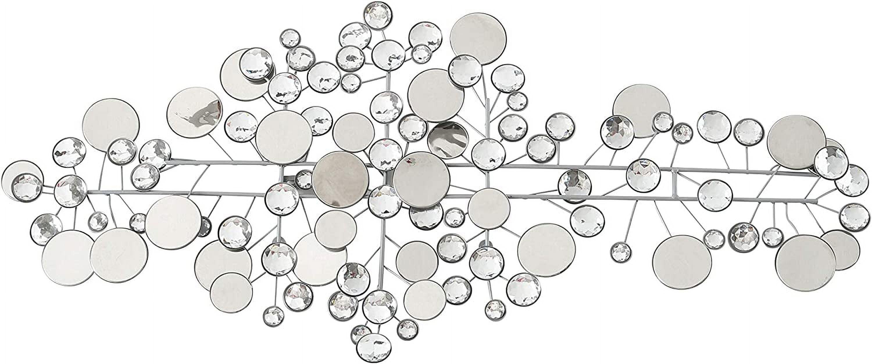 Modernist Floating Circles, Abstract Metal Wall Art, Artisan Crafted, Roundels of Silver, Mirrors, Faux Multi Carat Diamonds, Iron, Over 3 Ft Long, Hangers on Back