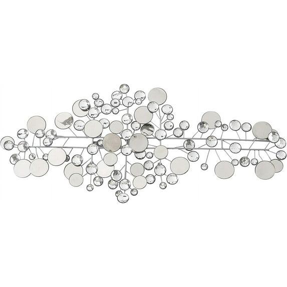 Modernist Floating Circles, Abstract Metal Wall Art, Artisan Crafted, Roundels of Silver, Mirrors, Faux Multi Carat Diamonds, Iron, Over 3 Ft Long, Hangers on Back