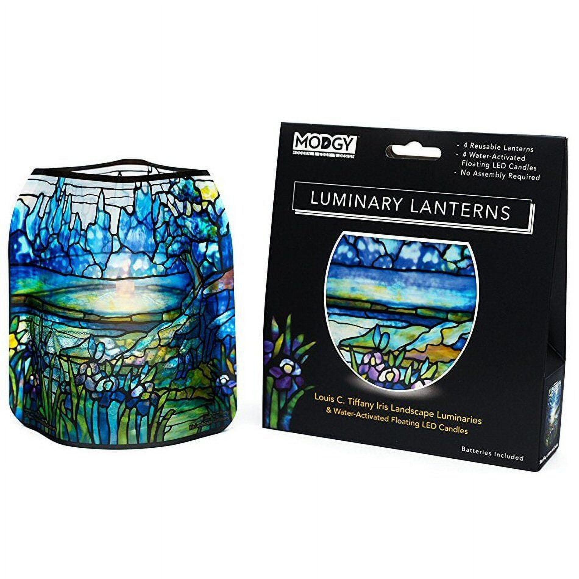 Blue Tiffany Iris Landscape LED Flameless Floating Lantern Set