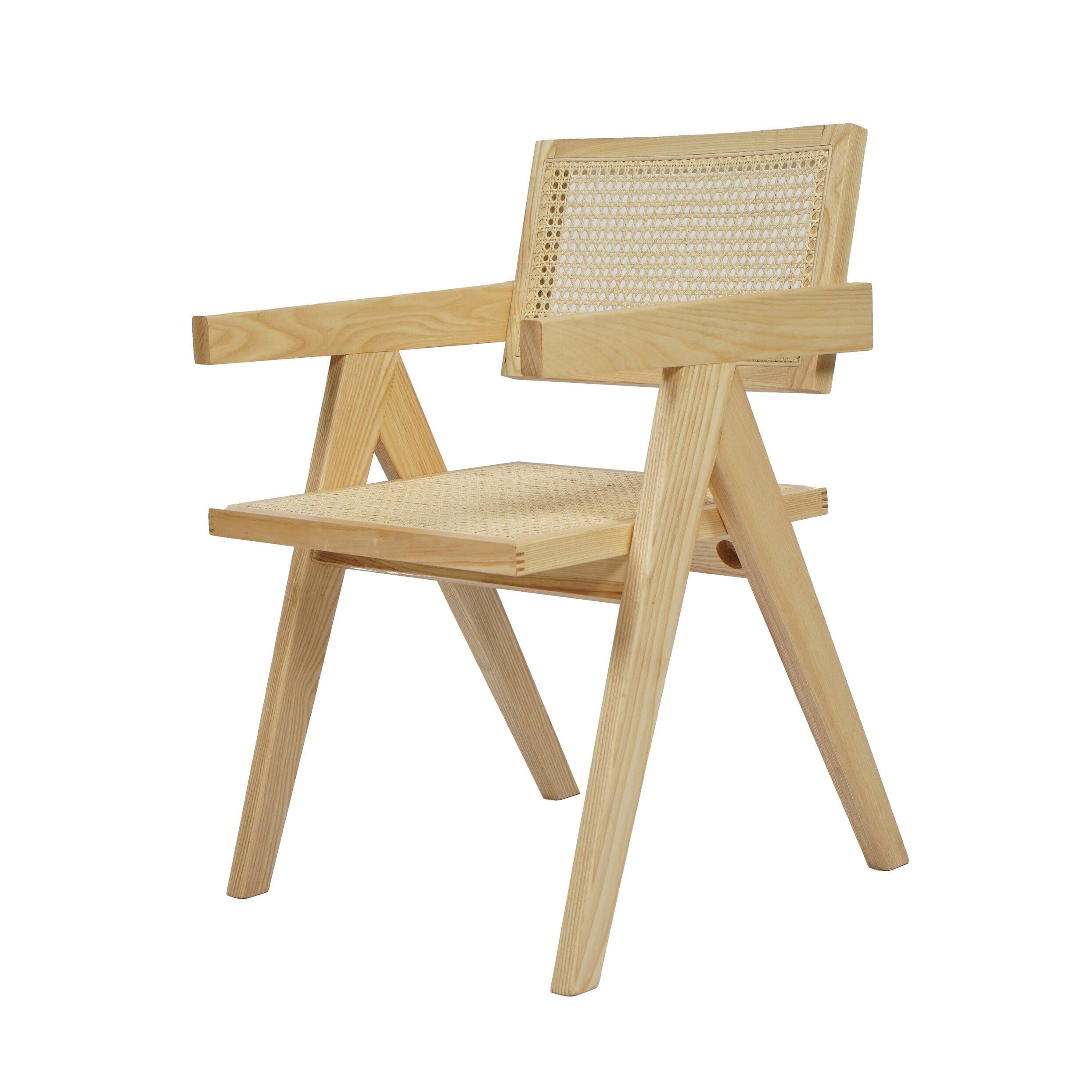 Beige Rattan and Cane Arm Chair with Natural Wood Frame