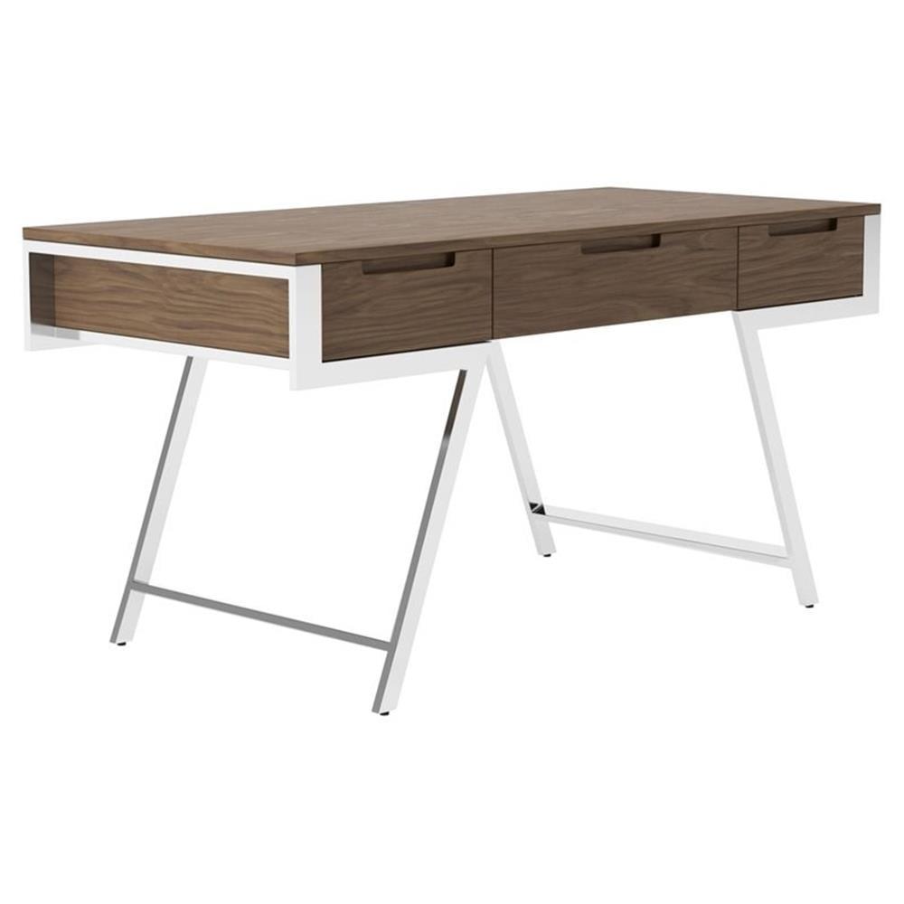 Walnut and Chrome Modern Desk with Drawers, 63"