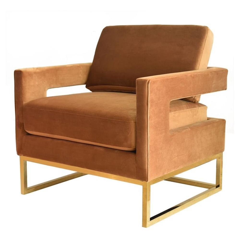 Camel Velvet and Gold Stainless Steel Accent Chair