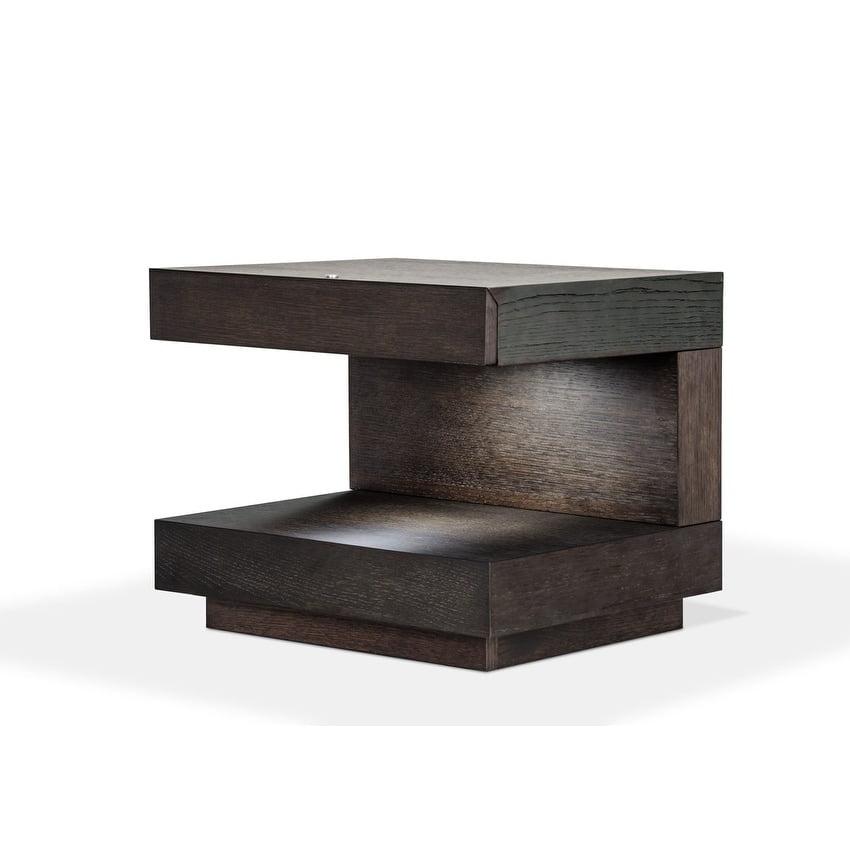 C-Shaped Brown Oak Veneer Nightstand with LED and Drawer