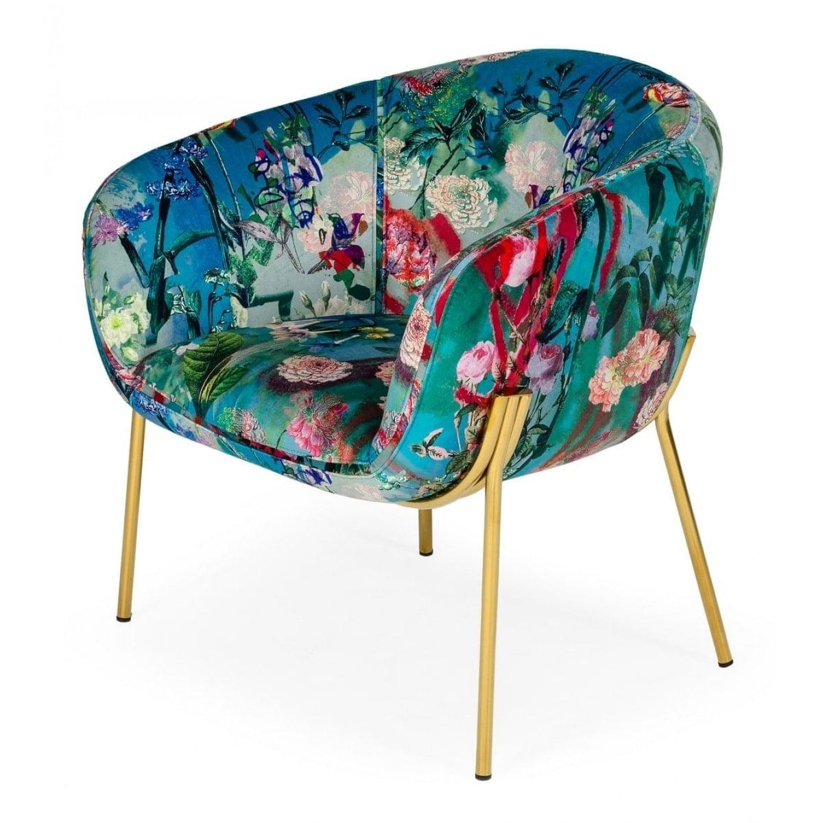 Floral Velvet and Gold Contemporary Accent Chair