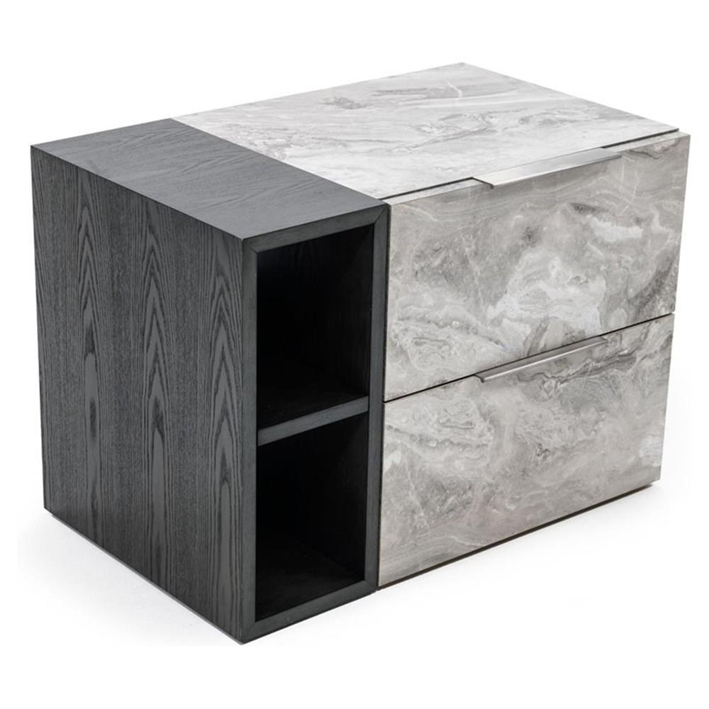 Gray Faux Marble and Wood 2-Drawer Nightstand with Open Shelves