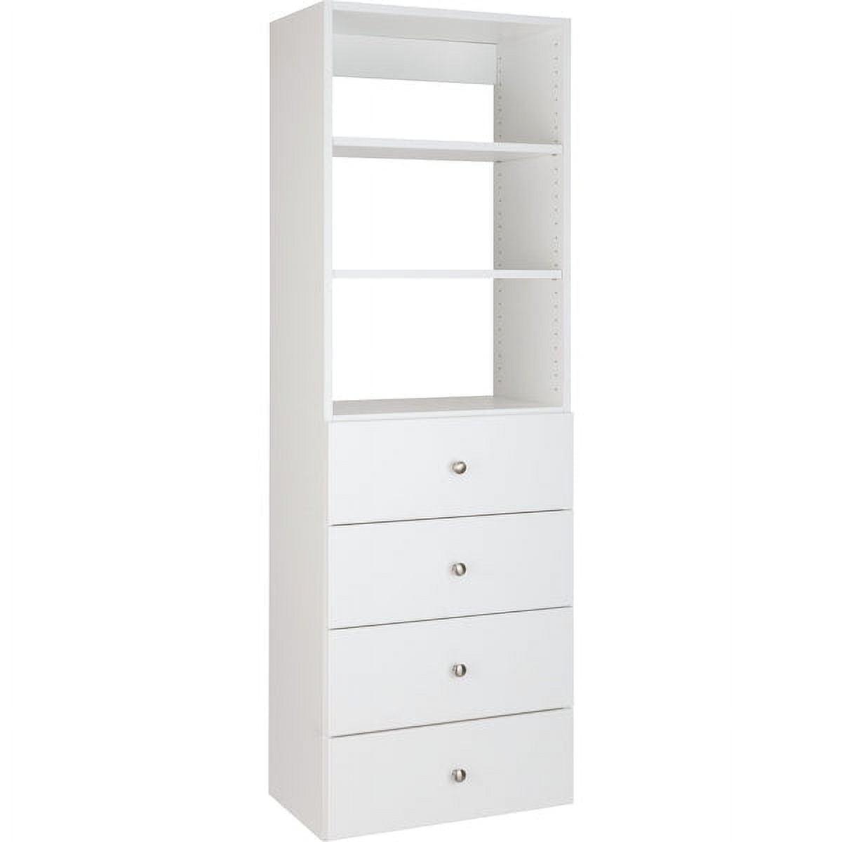 Modular White Wood Closet Tower with Shelves and 4 Drawers