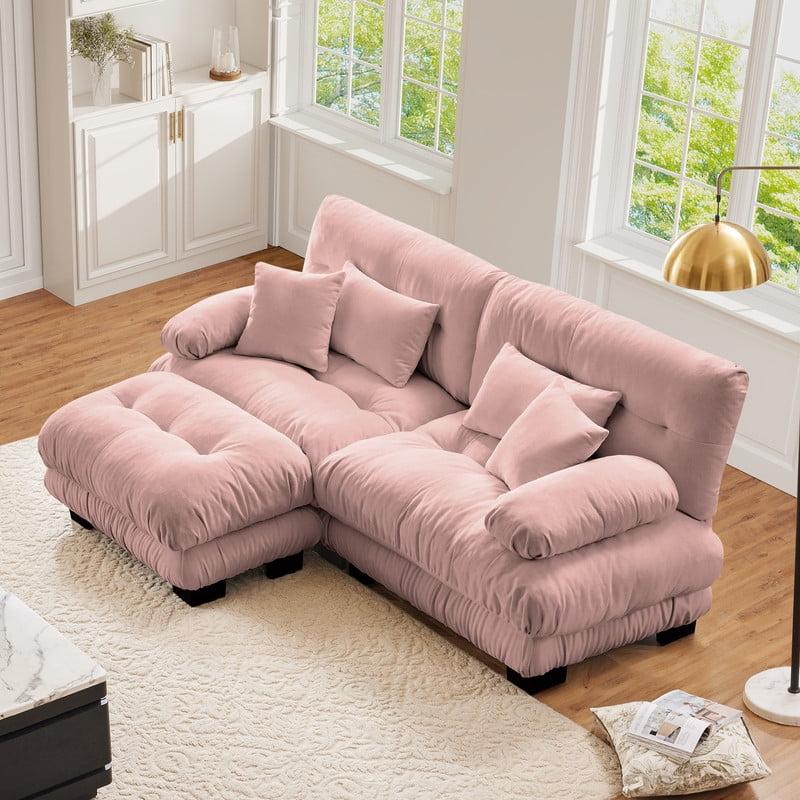 FFH Loveseat with Ottoman, 94.4" Oversized Cloud Sofa, L-Shaped Sectional Couch for Living Room (Chenille Pink, 2 Seater with 1 Ottoman)