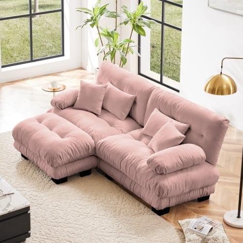 FFH Loveseat with Ottoman, 94.4" Oversized Cloud Sofa, L-Shaped Sectional Couch for Living Room (Chenille Pink, 2 Seater with 1 Ottoman)