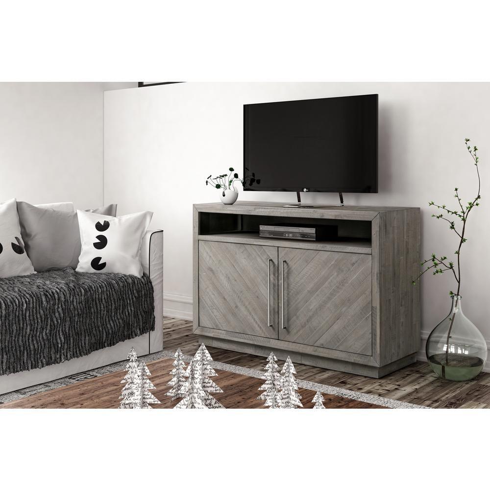 Rustic Latte Acacia Wood 54" Media Console with Herringbone Pattern