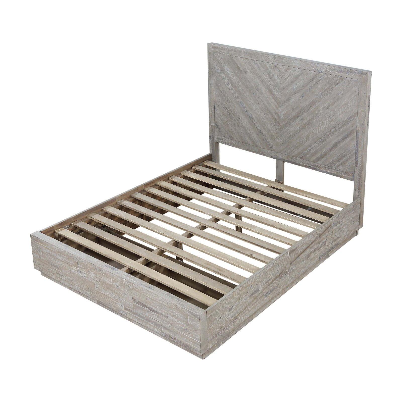 Rustic Latte Acacia Full Bed with Herringbone Pattern & Storage Drawers