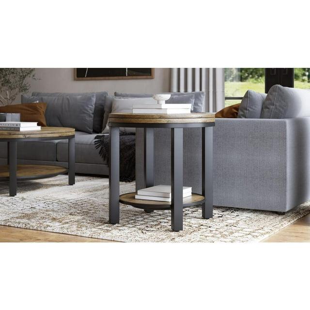 Modus Furniture Canyon Solid Wood and Metal Round End Table in Washed Grey - 24" x 24" x 24"