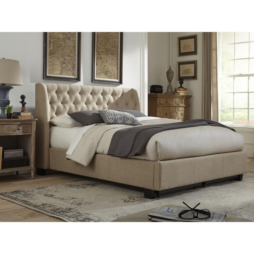 King Beige Linen Tufted Upholstered Platform Bed with Metal Frame