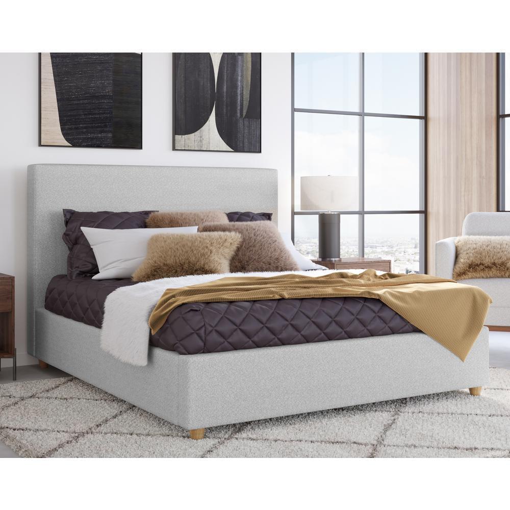 Queen Light Gray Linen Upholstered Platform Bed with Headboard