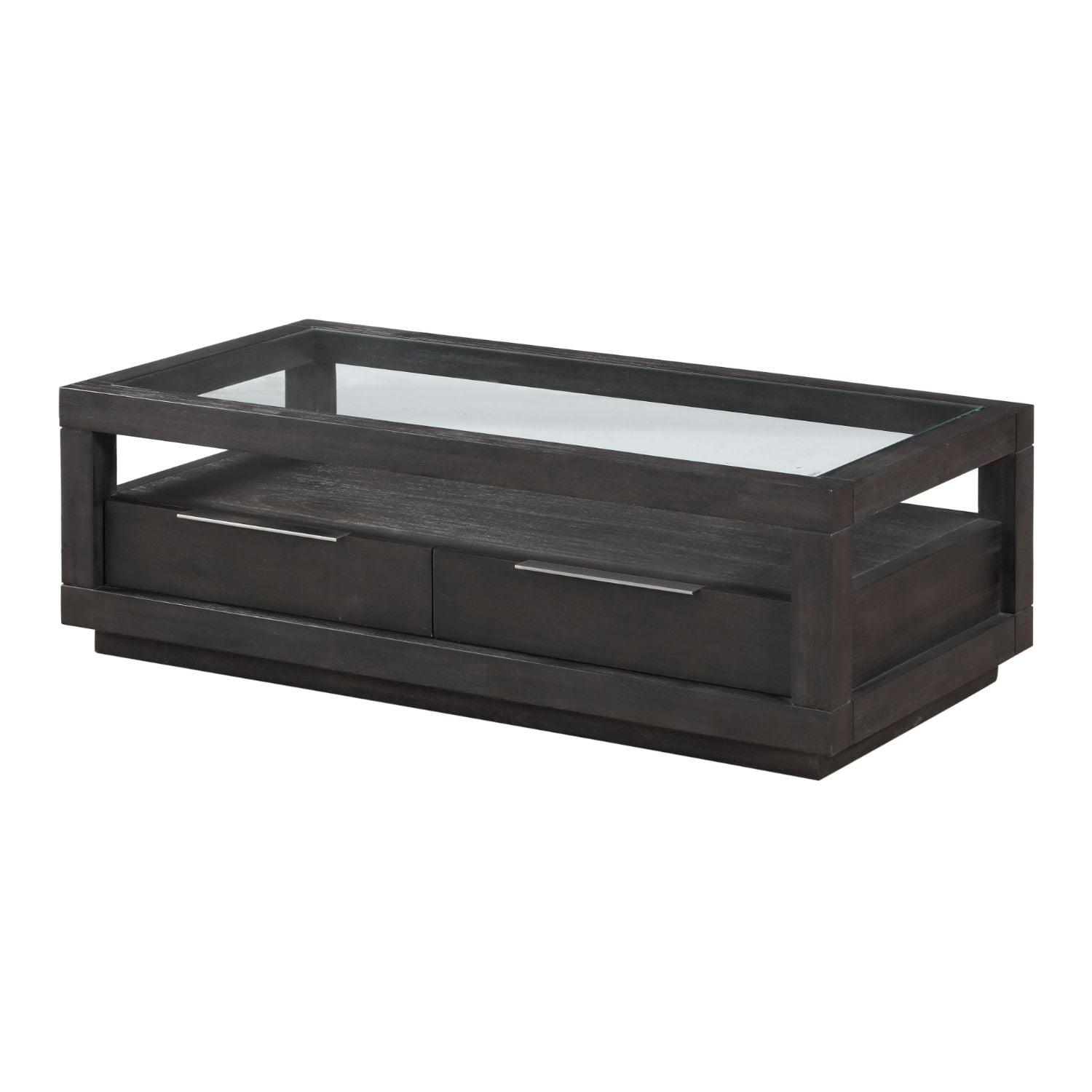 Basalt Gray Rectangular Wood and Glass Coffee Table with Storage