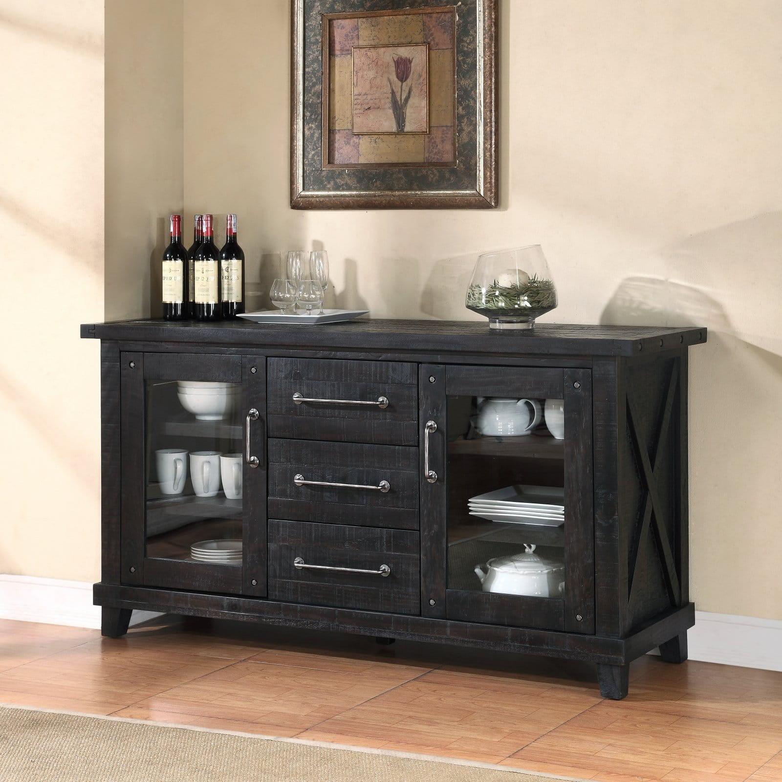 Yosemite Rustic Black Pine Solid Wood Sideboard with Glass Doors