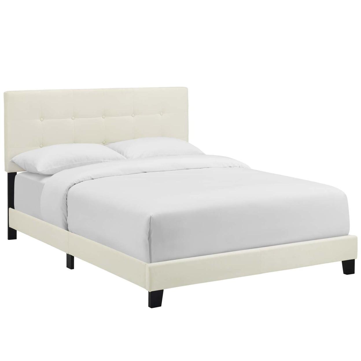 Elegant Ivory King-Sized Platform Bed with Tufted Velvet Headboard