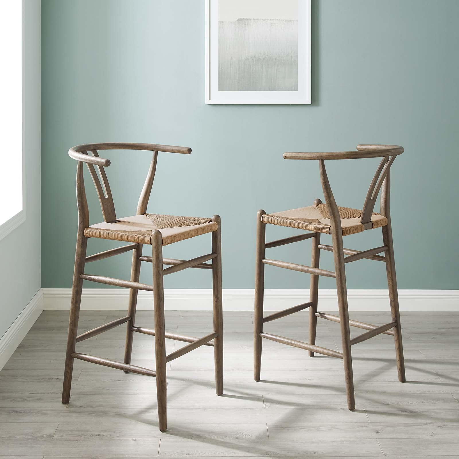 Gray Elm Wood Mid-Century Bar Stool Set of 2