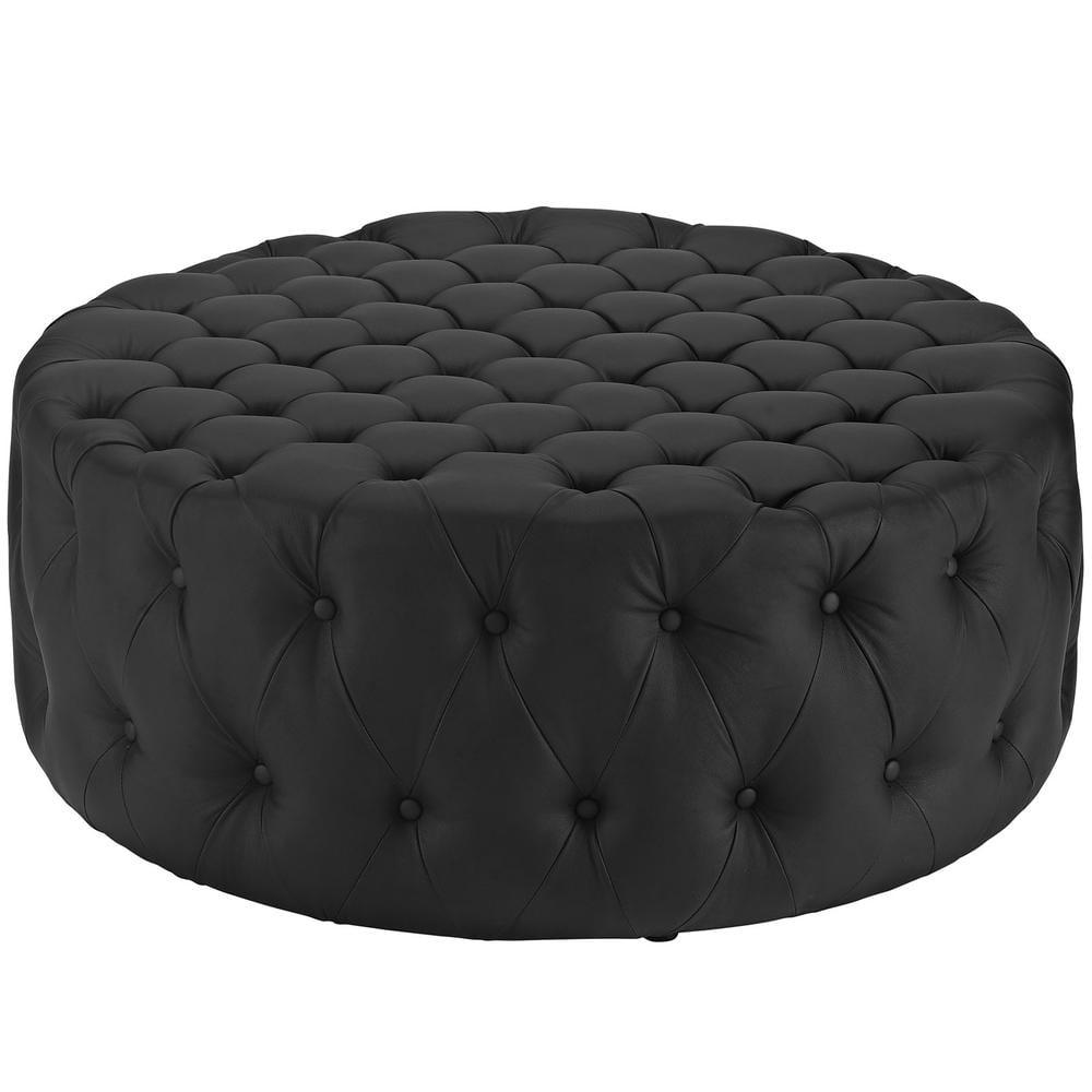 Black Tufted Round Faux Leather Cocktail Ottoman