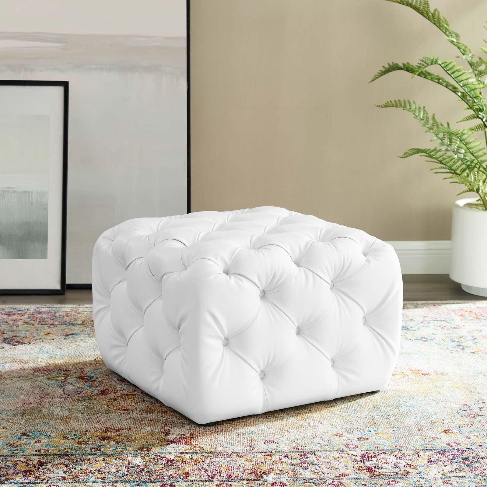 Luxe White Faux Leather Tufted Square Ottoman with Dense Foam Padding