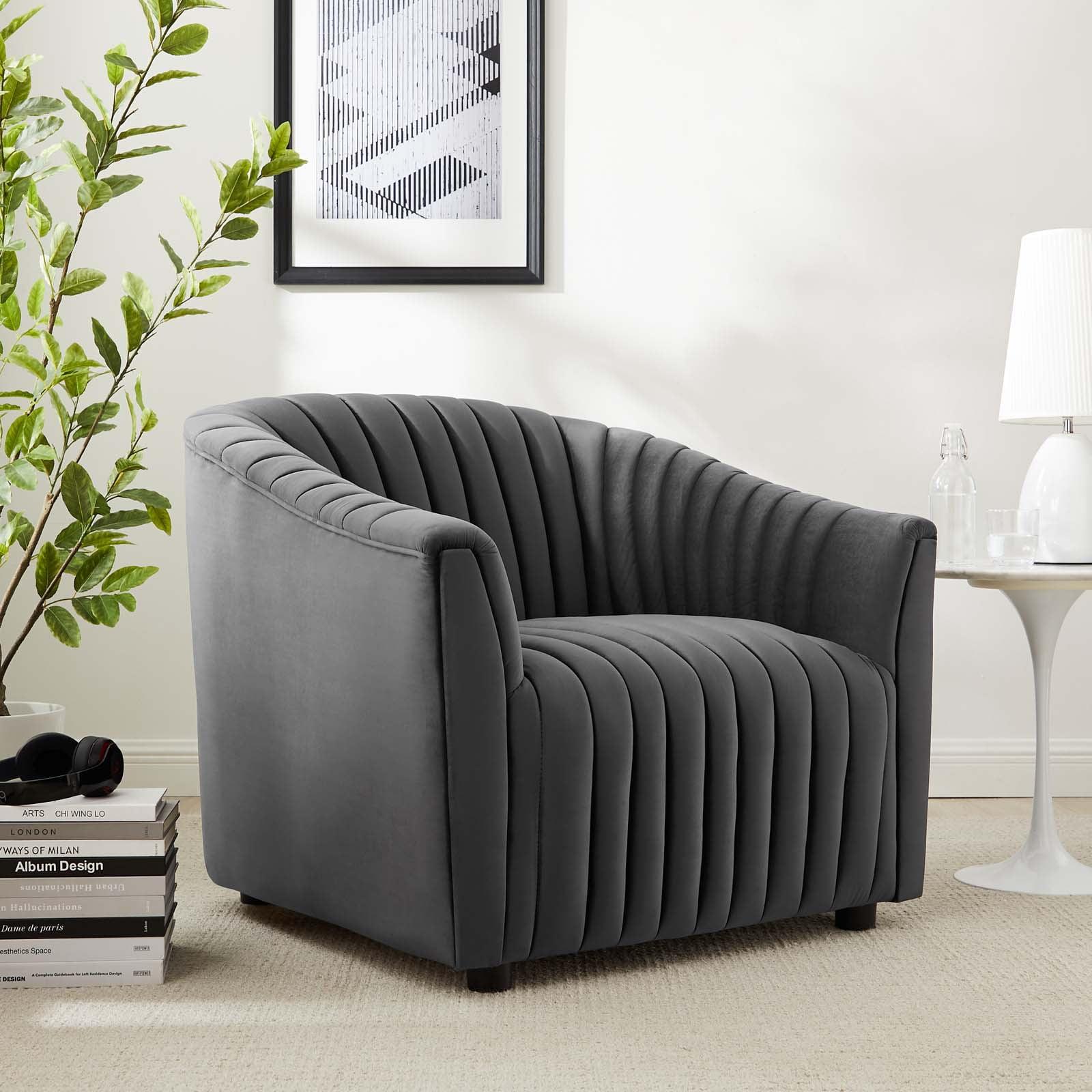 Charcoal Gray Velvet Channel Tufted Armchair with Wood Accents