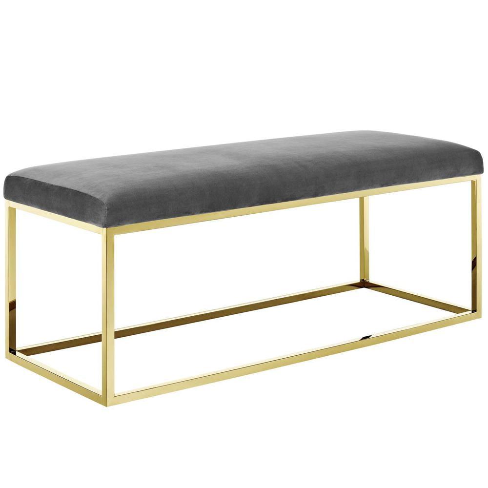 Modway Anticipate Velvet & Stainless Steel Bedroom Bench in Gold and Gray