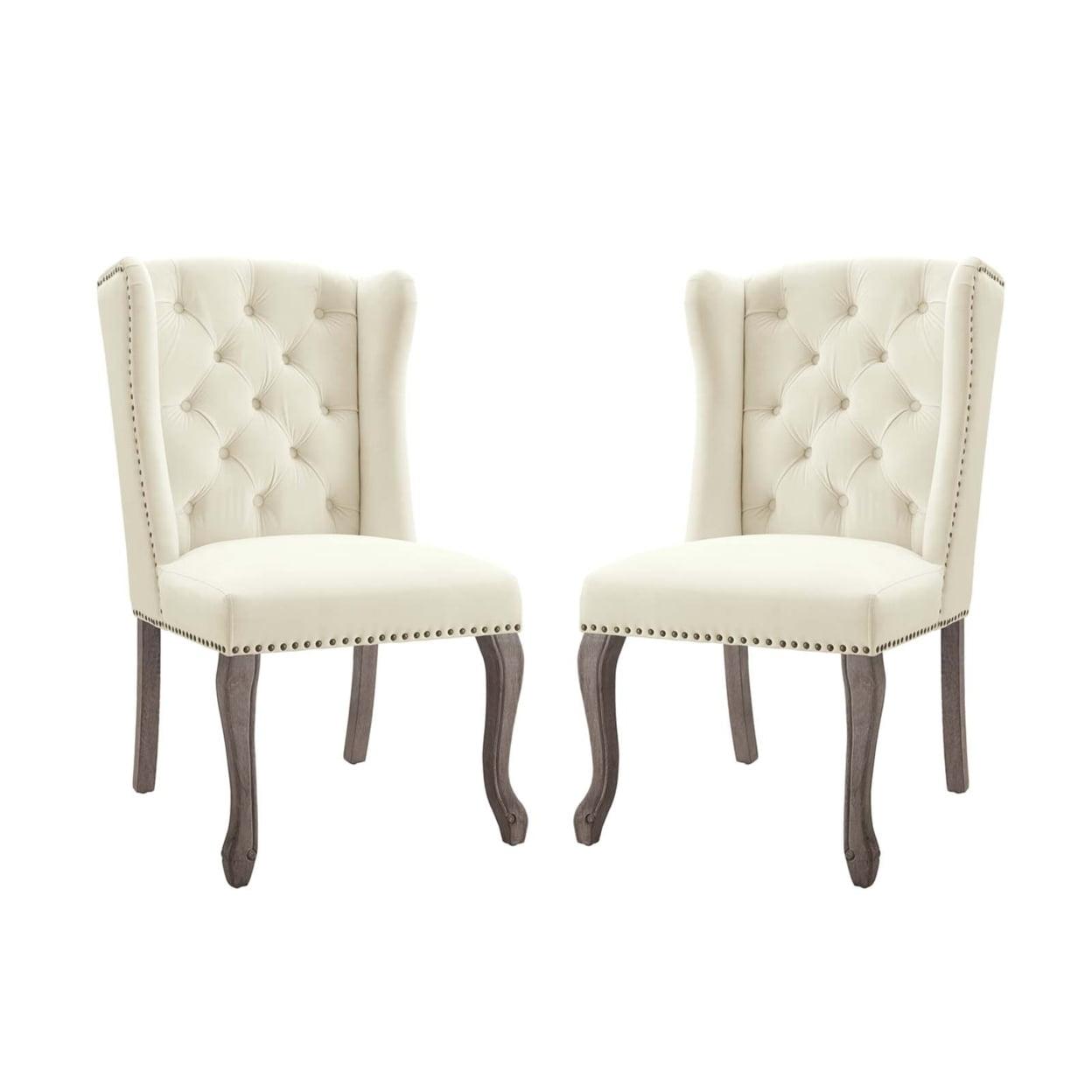 Ivory Velvet Upholstered Side Chair with Wood Legs