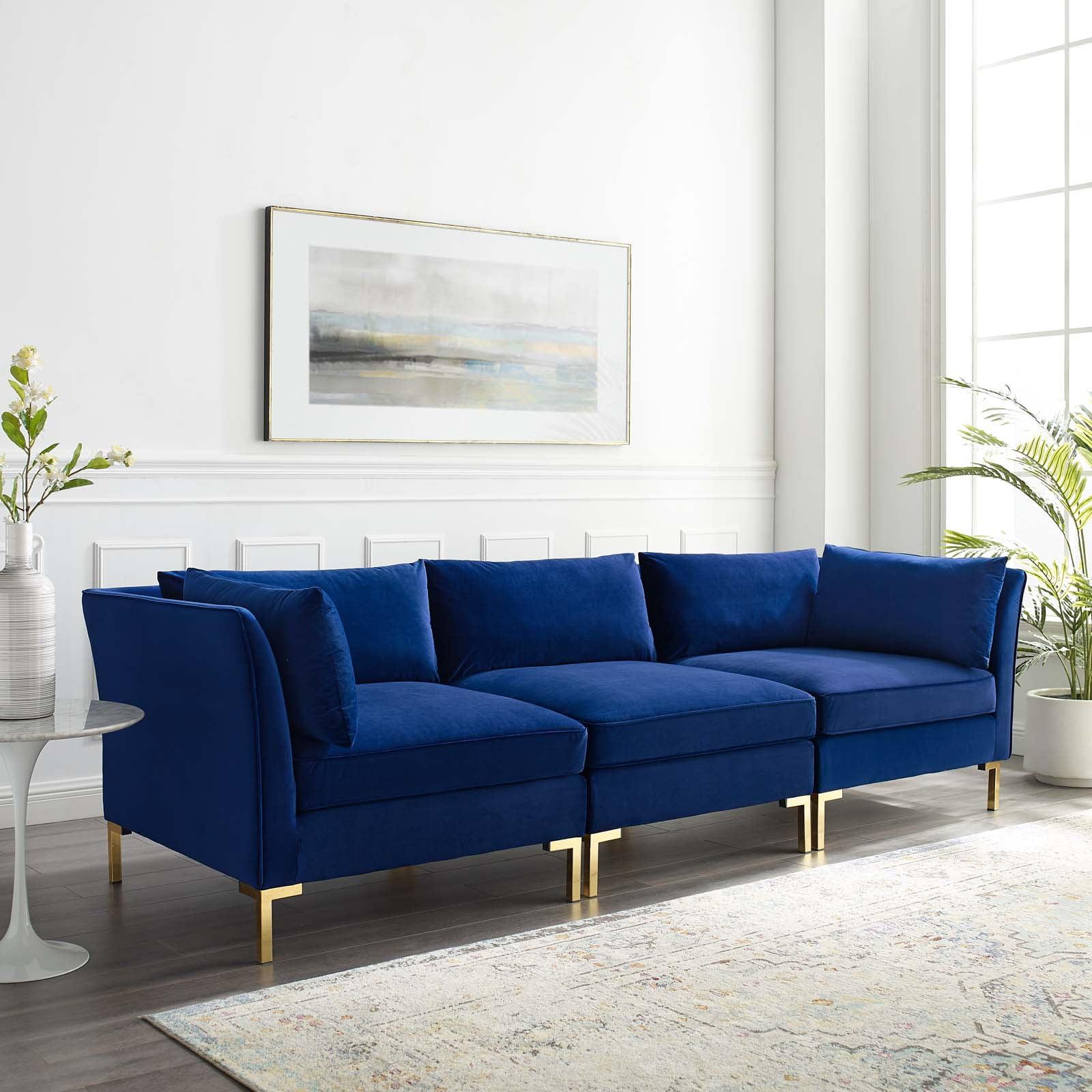 Modway Ardent 3-Seater Performance Velvet Sofa in Navy & Gold