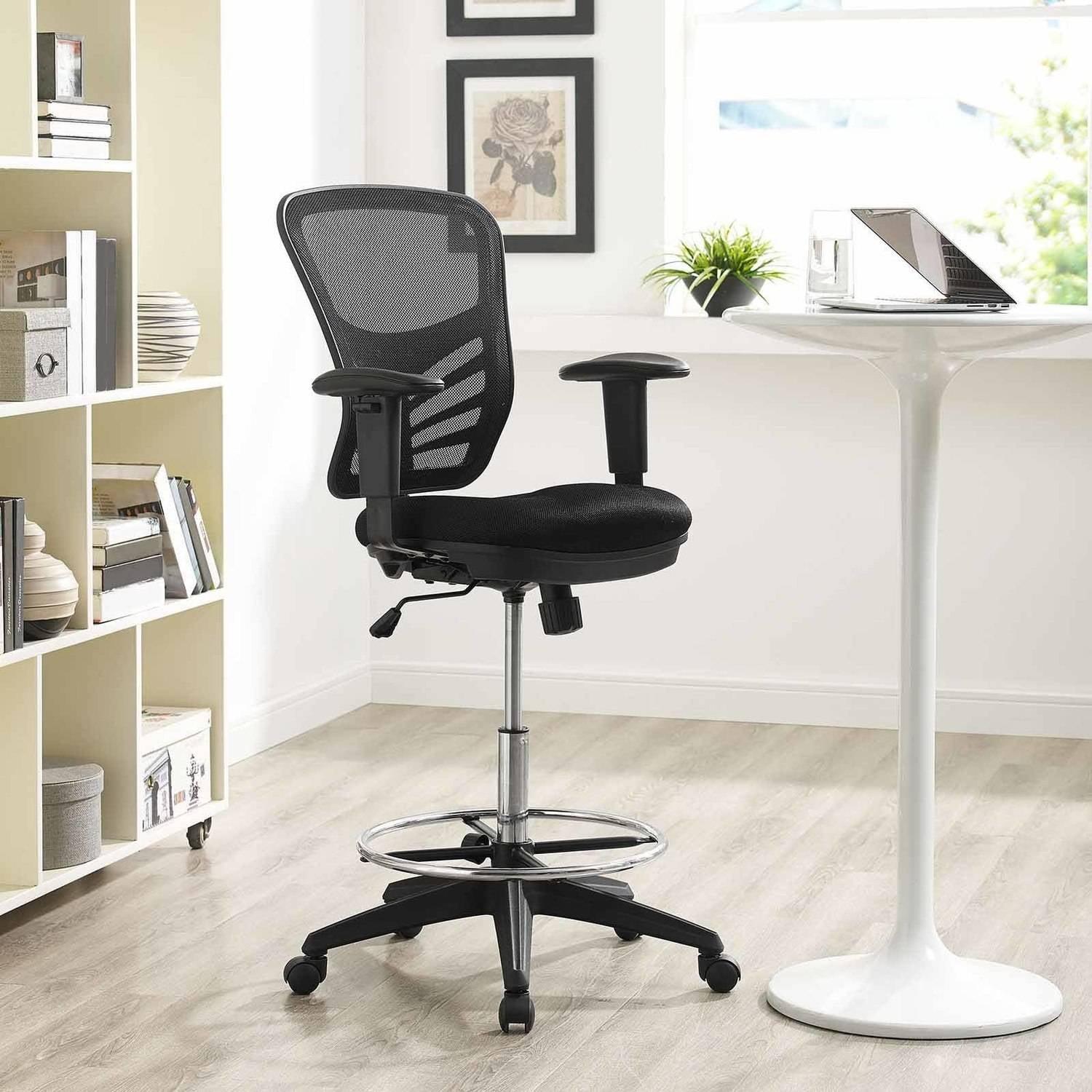 ErgoFlex Black Mesh Drafting Chair with Adjustable Arms & Chrome Footring