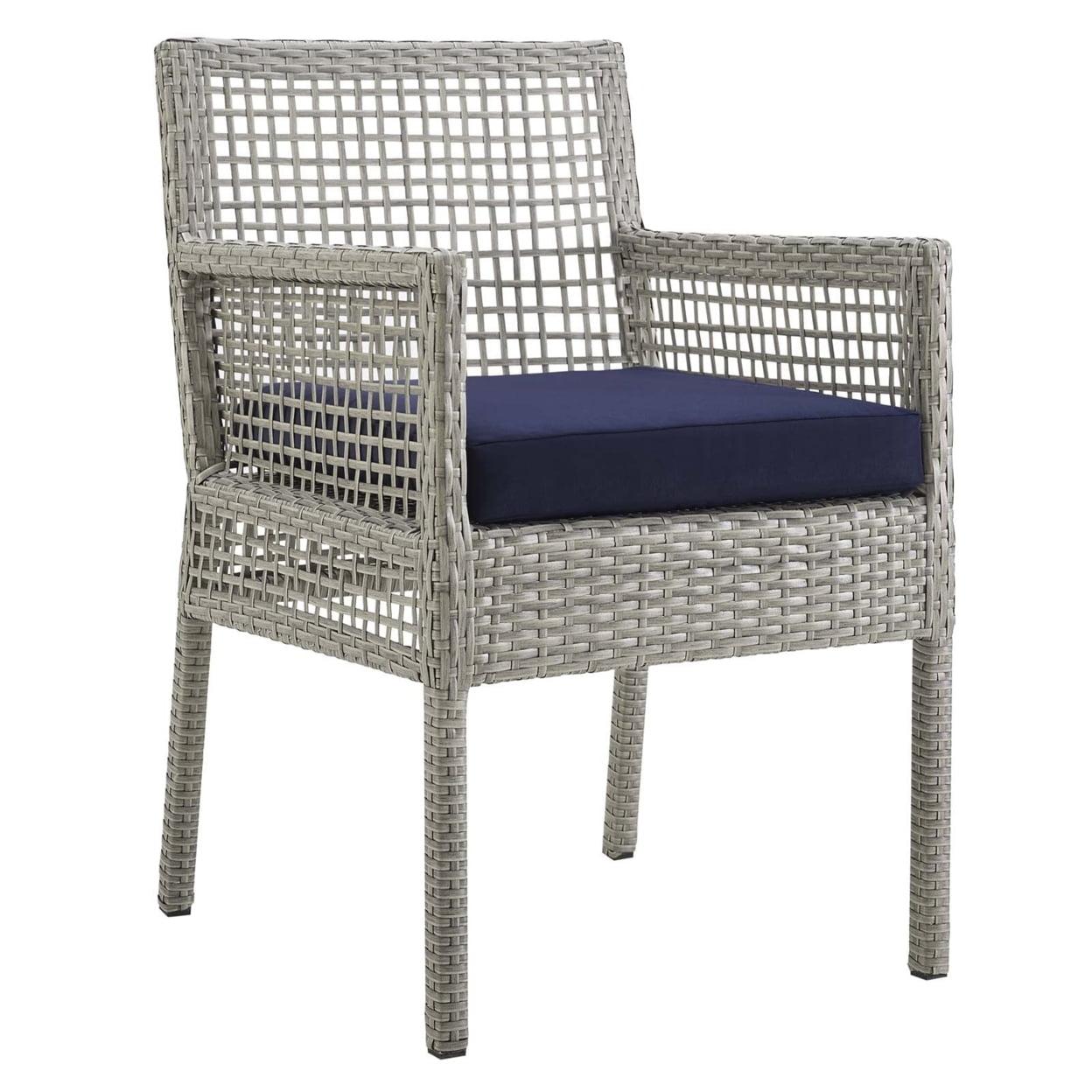 Modway Aura 19.5" Rattan & Fabric Outdoor Patio Dining Arm Chair in Gray & Navy