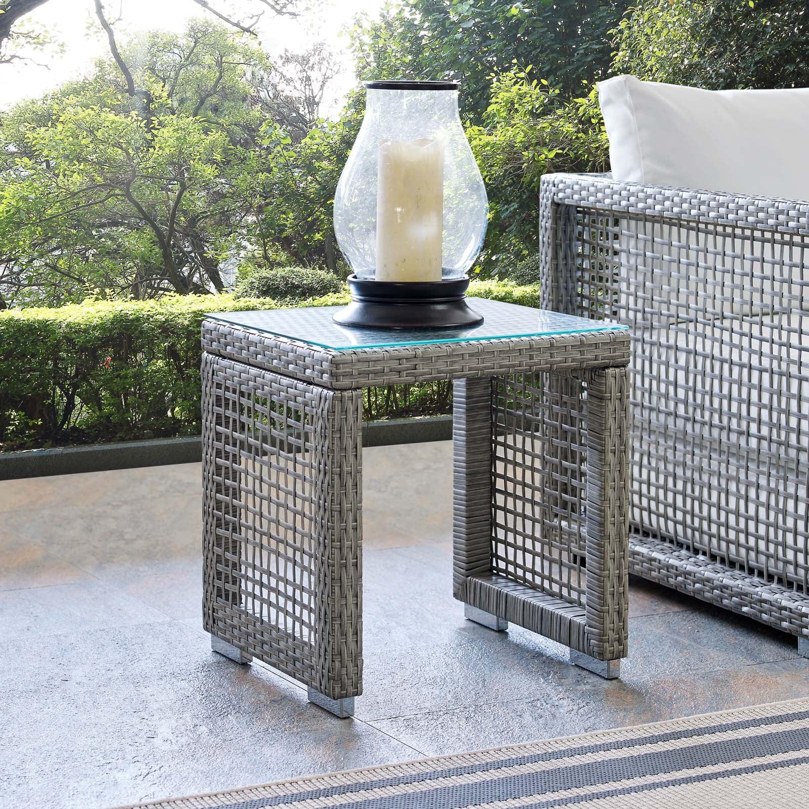 Gray Wicker Rattan Outdoor Patio Side Table with Glass Top