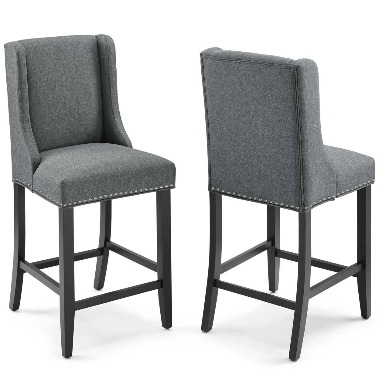 Elegant Gray Upholstered Counter Stool with Polished Nailhead Trim - Set of 2