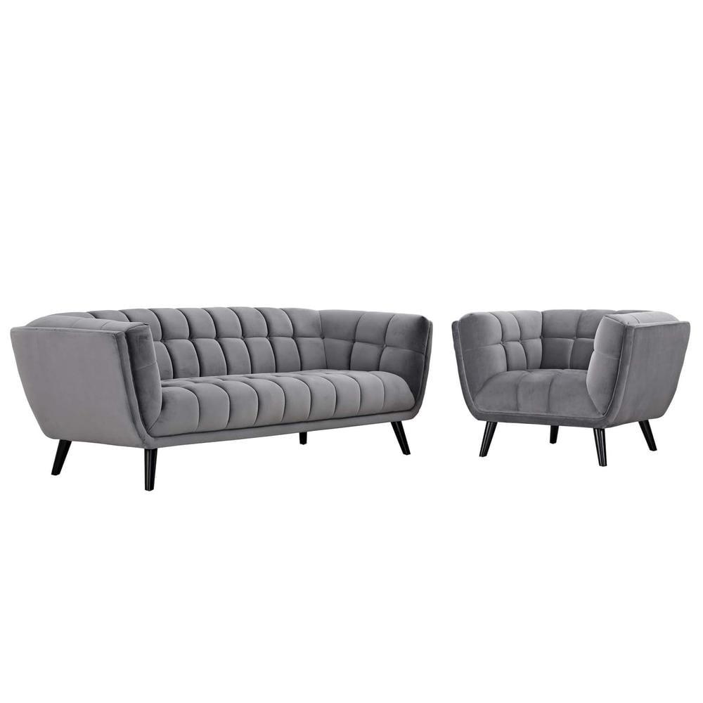 Bestow Luxe Gray Velvet Sofa and Armchair Set with Button Tufting