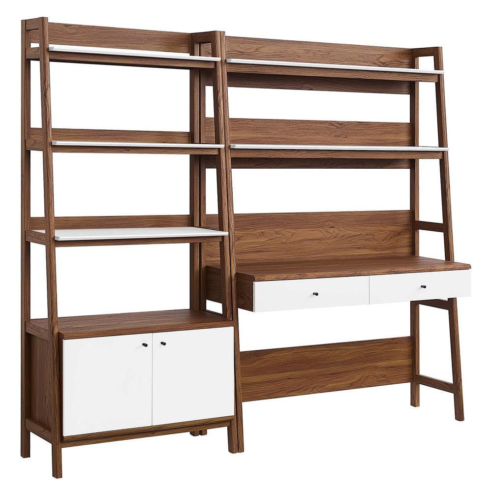 Walnut White 2-Piece Wood Office Desk and Bookshelf