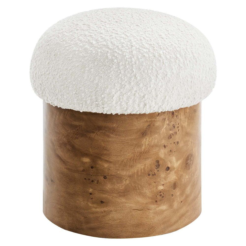 Ivory Boucle and Burl Wood Round Mushroom Ottoman