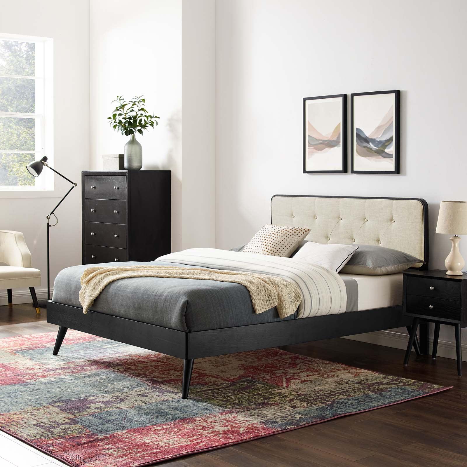 Mid-Century Beige Upholstered King Platform Bed with Wood Frame