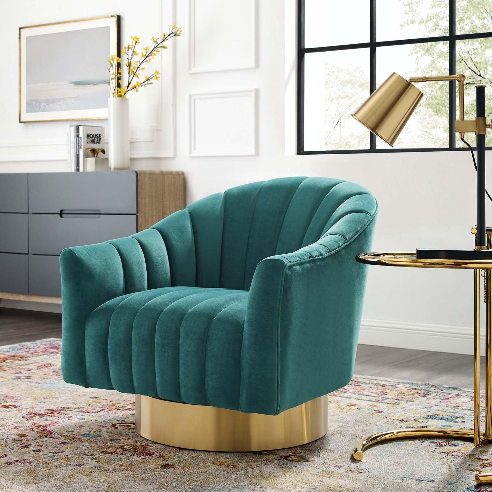 Modway Buoyant Vertical Channel Tufted Accent Lounge Performance Velvet Swivel Chair in Teal