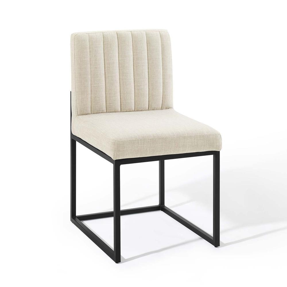 Beige Channel Tufted Upholstered Dining Chair with Black Metal Base