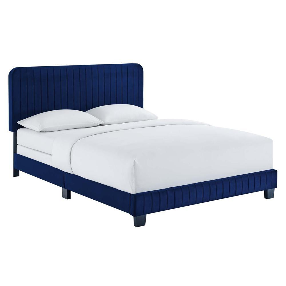 Celine Navy Velvet Tufted Full Bed with Wood Frame