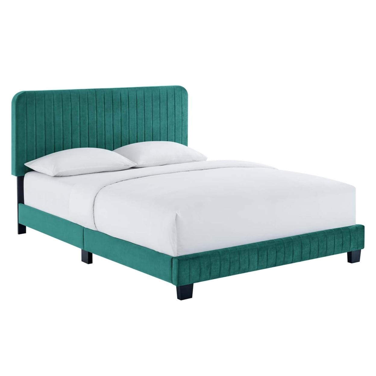 Modway Celine Channel Tufted Performance Velvet Full Platform Bed in Teal Green