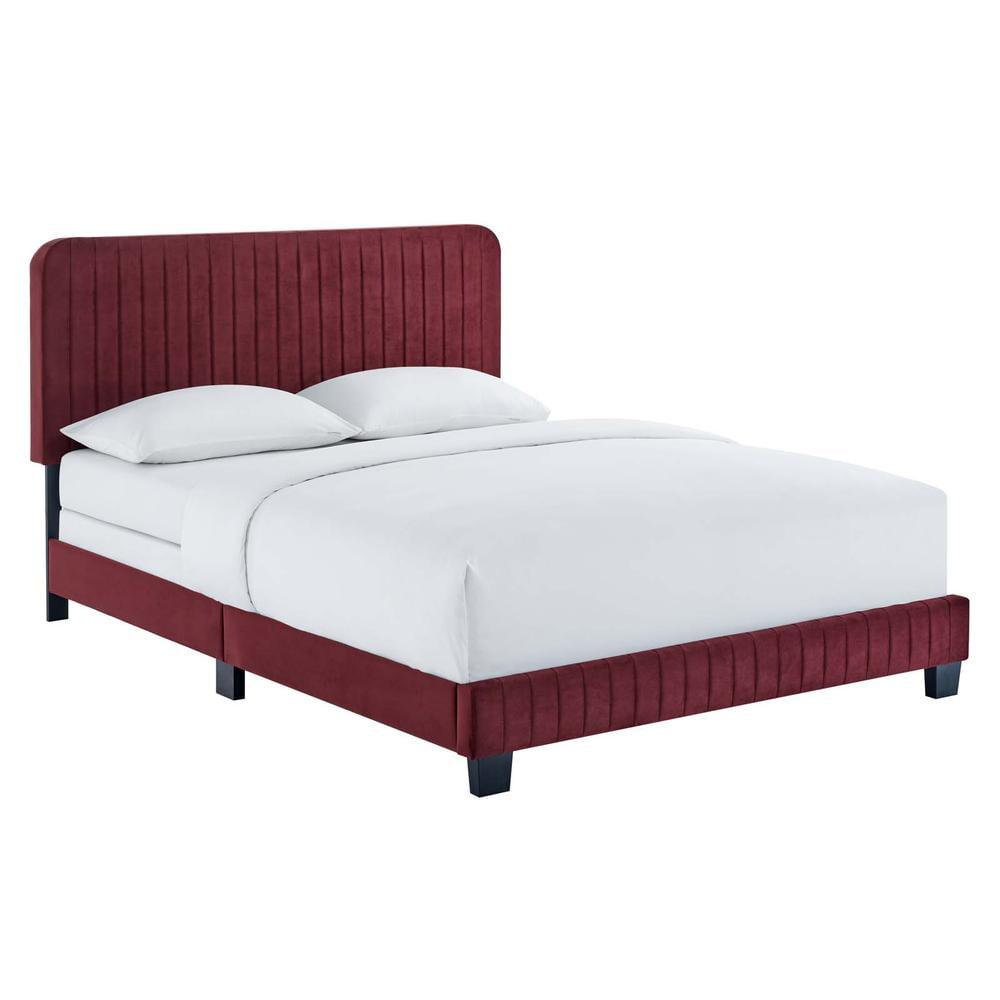 Modway Celine Channel Tufted Performance Velvet Twin Bed in Maroon Red