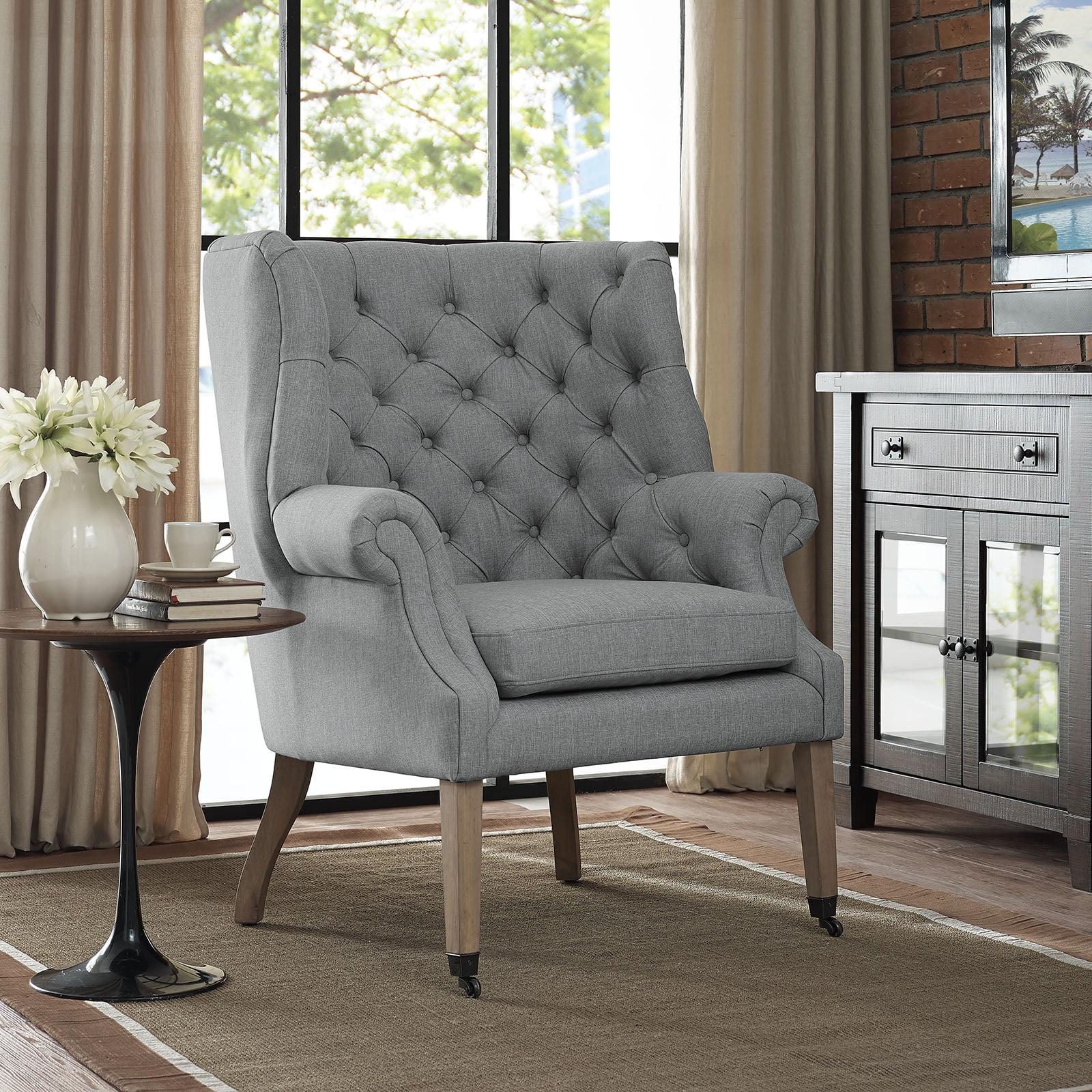 Luxurious Light Gray Velvet Accent Chair with Natural Wood Legs