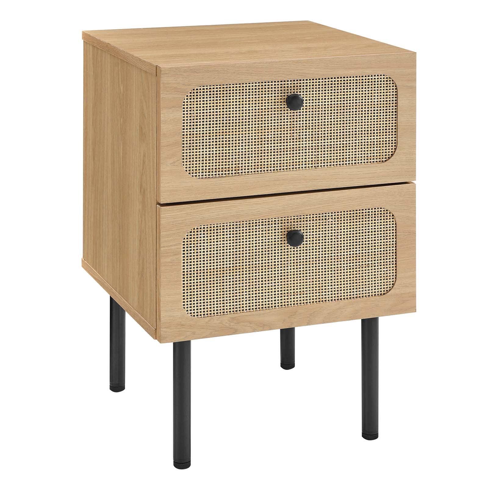 Oak and Rattan 2-Drawer Nightstand with Black Legs