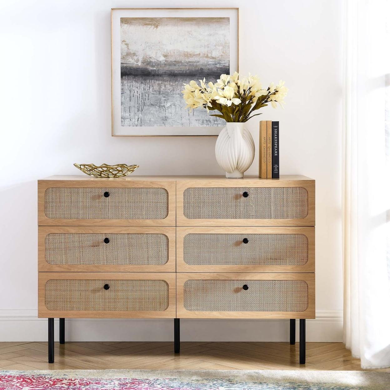 Chaucer Oak and Rattan 6-Drawer Compact Dresser with Adjustable Feet