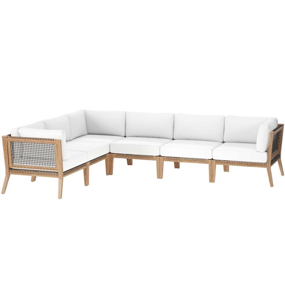 Clearwater Teak Wood and White Fabric Outdoor Sectional Sofa