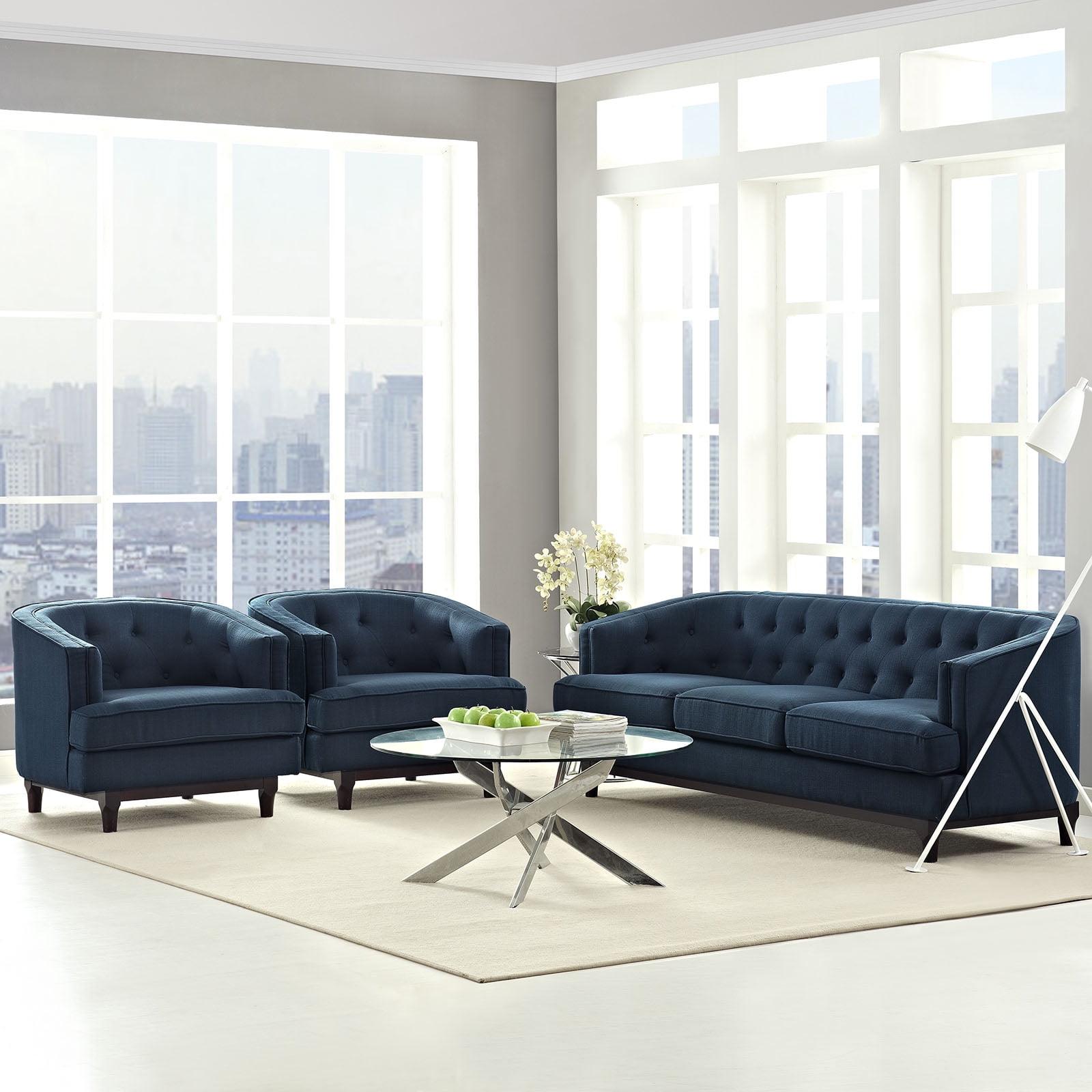 Azure Polyester Mid-Century Modern Living Room Set with Walnut Legs