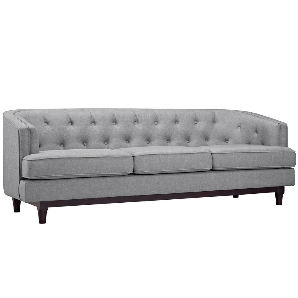 Elegant Light Gray Tufted Fabric Sofa with Walnut Wood Legs