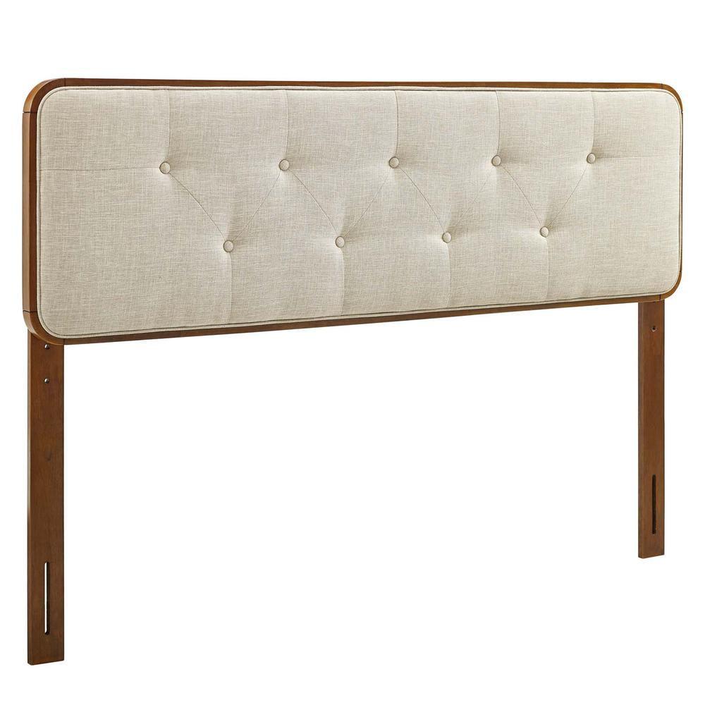 Walnut Beige Tufted Fabric Queen Headboard with Mid-Century Charm