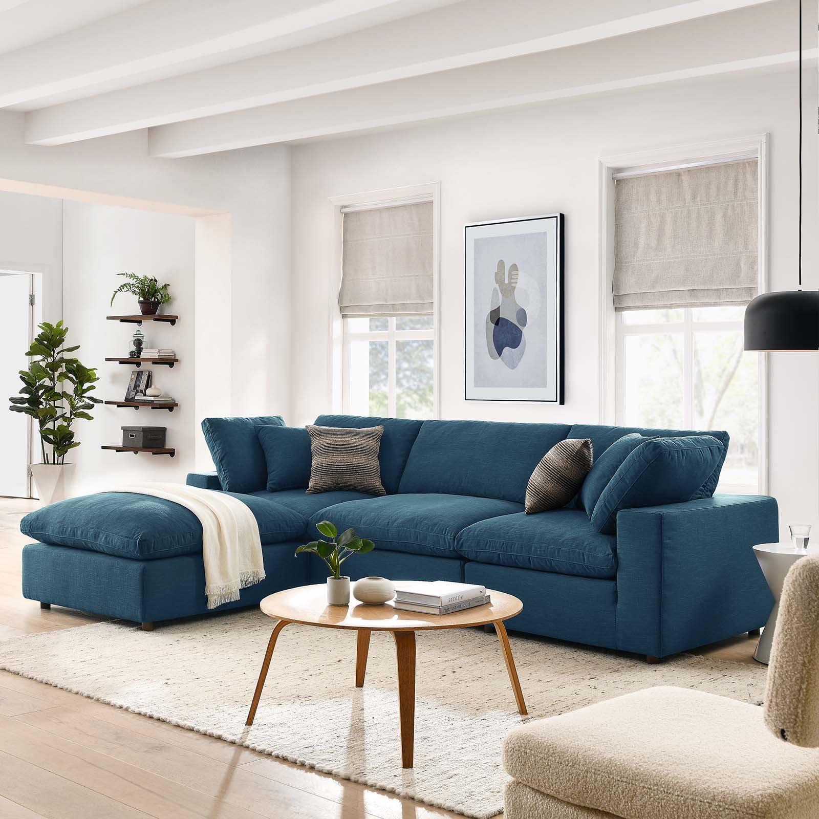 Azure Linen and Wood 4-Piece Sectional Sofa Set with Ottoman